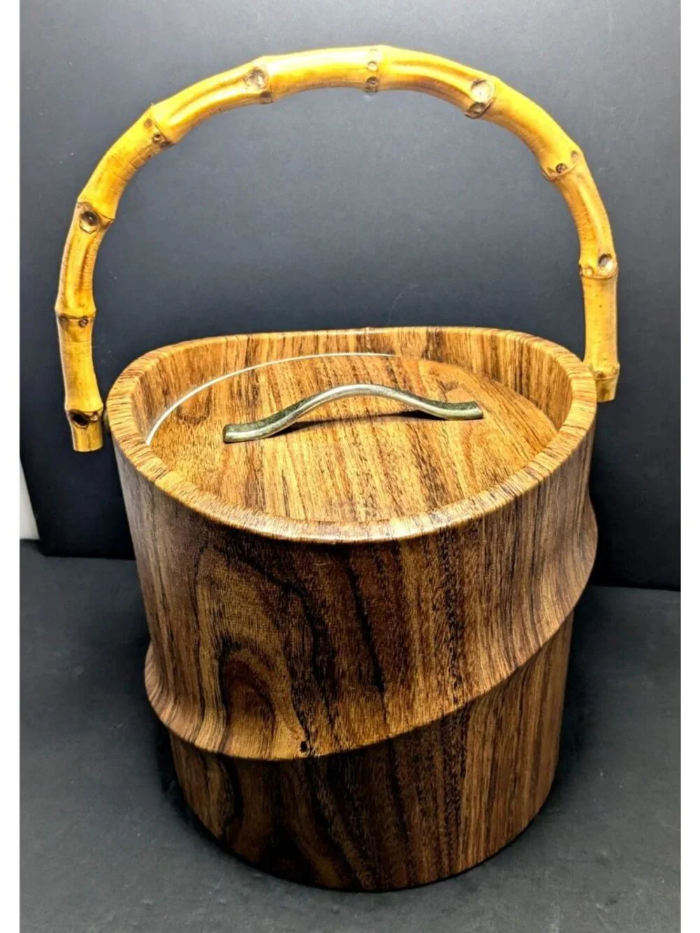 Vtg. Bamboo Handle Faux Wood Ice Bucket by Kraftware MCM Tiki Barware Kitch